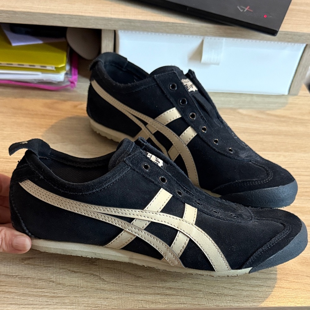 Onitsuka Tiger Slip On Black Suede and Tan Sneakers
